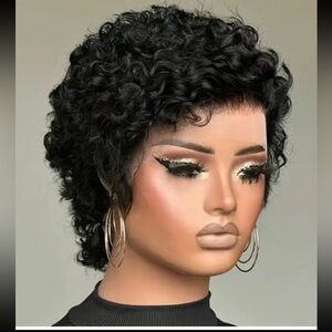 Short Curly Human Hair Wig - Pixie Cut - Natural Black - GLUELESS